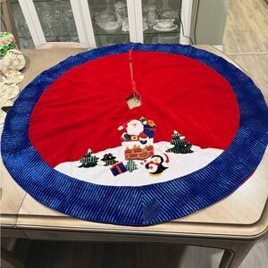 Velvet Christmas Tree Skirt With Santa and Toys Sparkly Blue Trim 42 inch